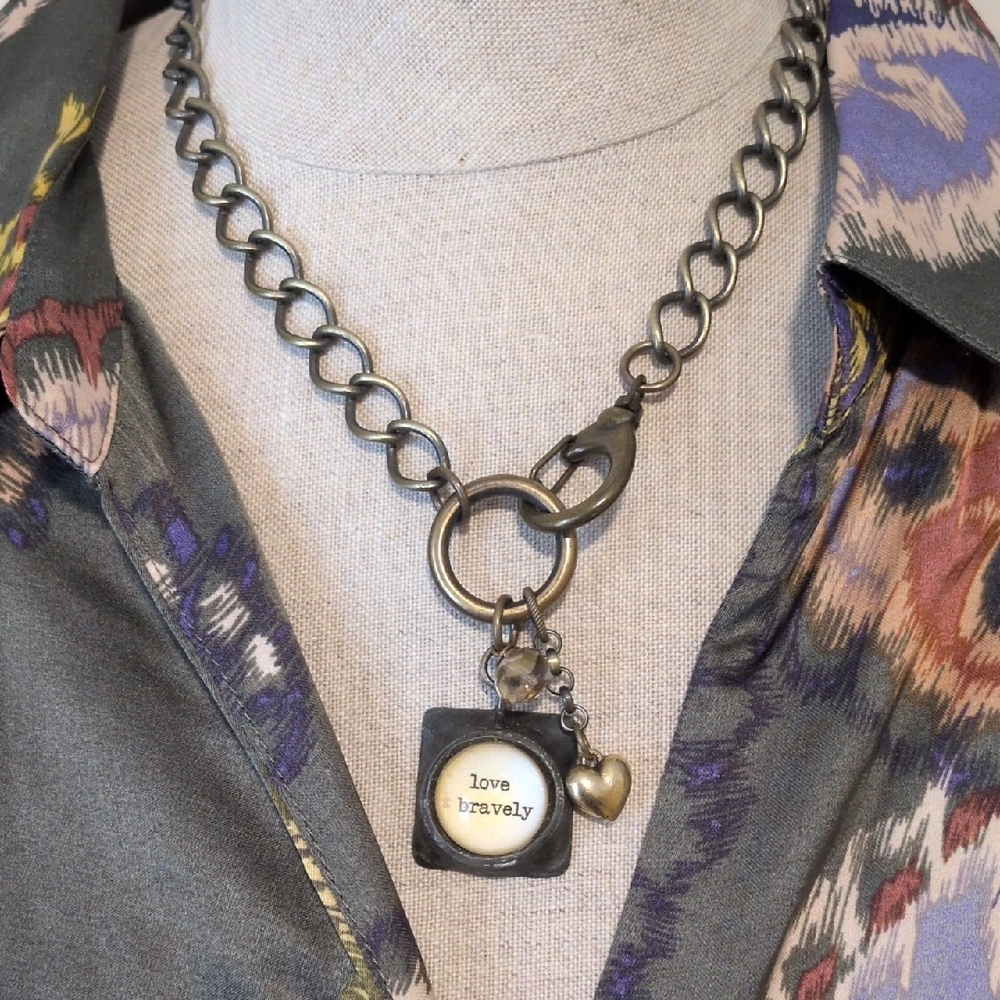 Love Bravely Chunky Necklace with Swarovski & Heart Charm